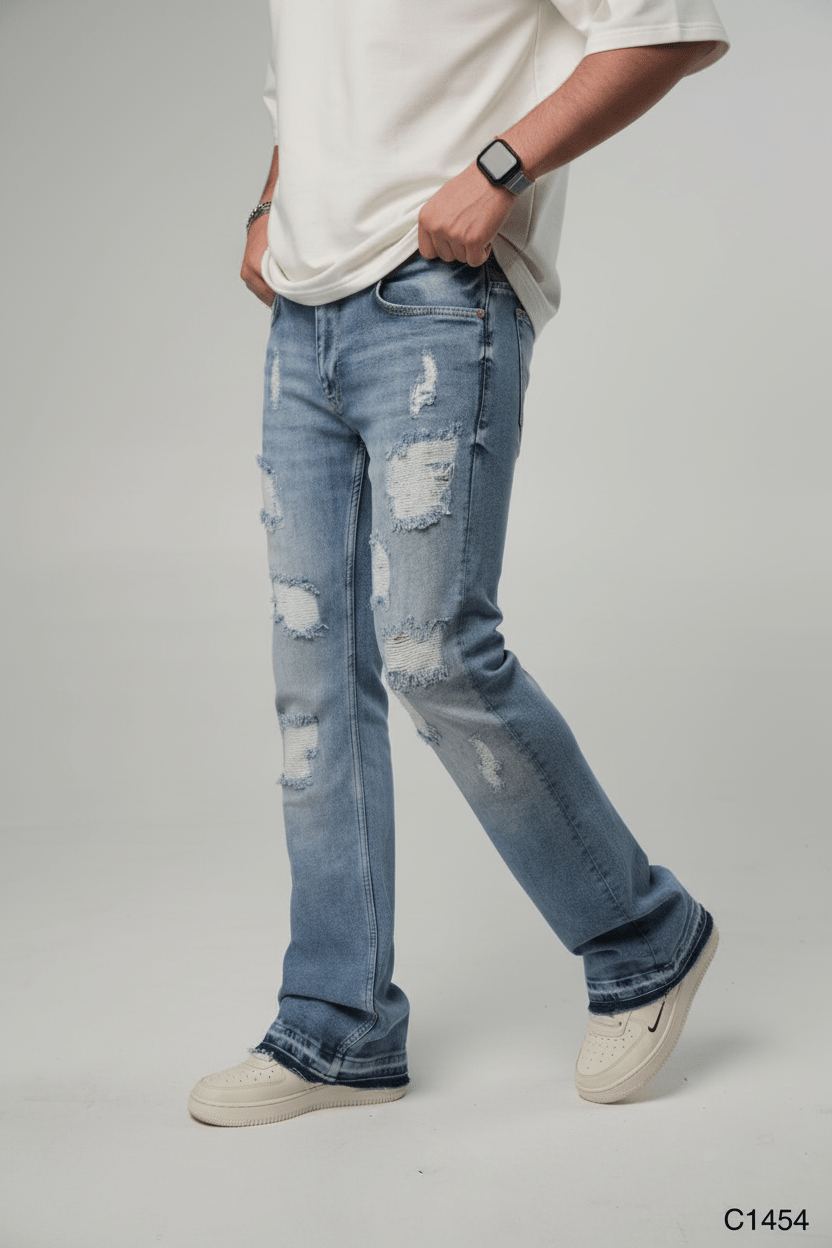 Jeans Évasé Bleu Clair Très Déchiré C1454 - ZG PREMIUM