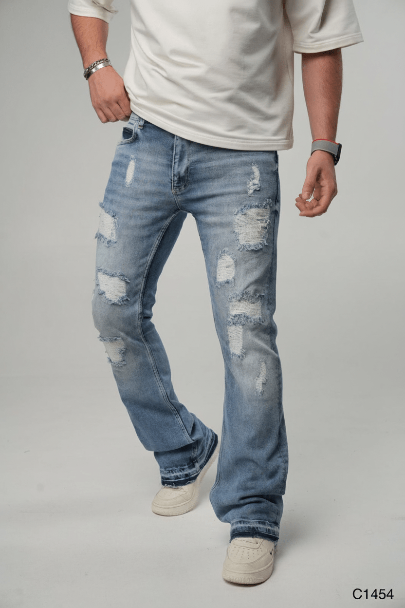 Jeans Évasé Bleu Clair Très Déchiré C1454 - ZG PREMIUM