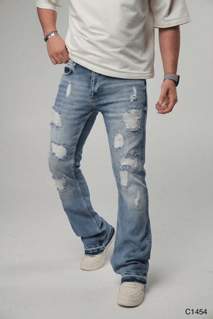 Jeans Évasé Bleu Clair Très Déchiré C1454 - ZG PREMIUM