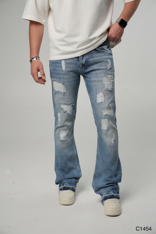 Jeans Évasé Bleu Clair Très Déchiré C1454