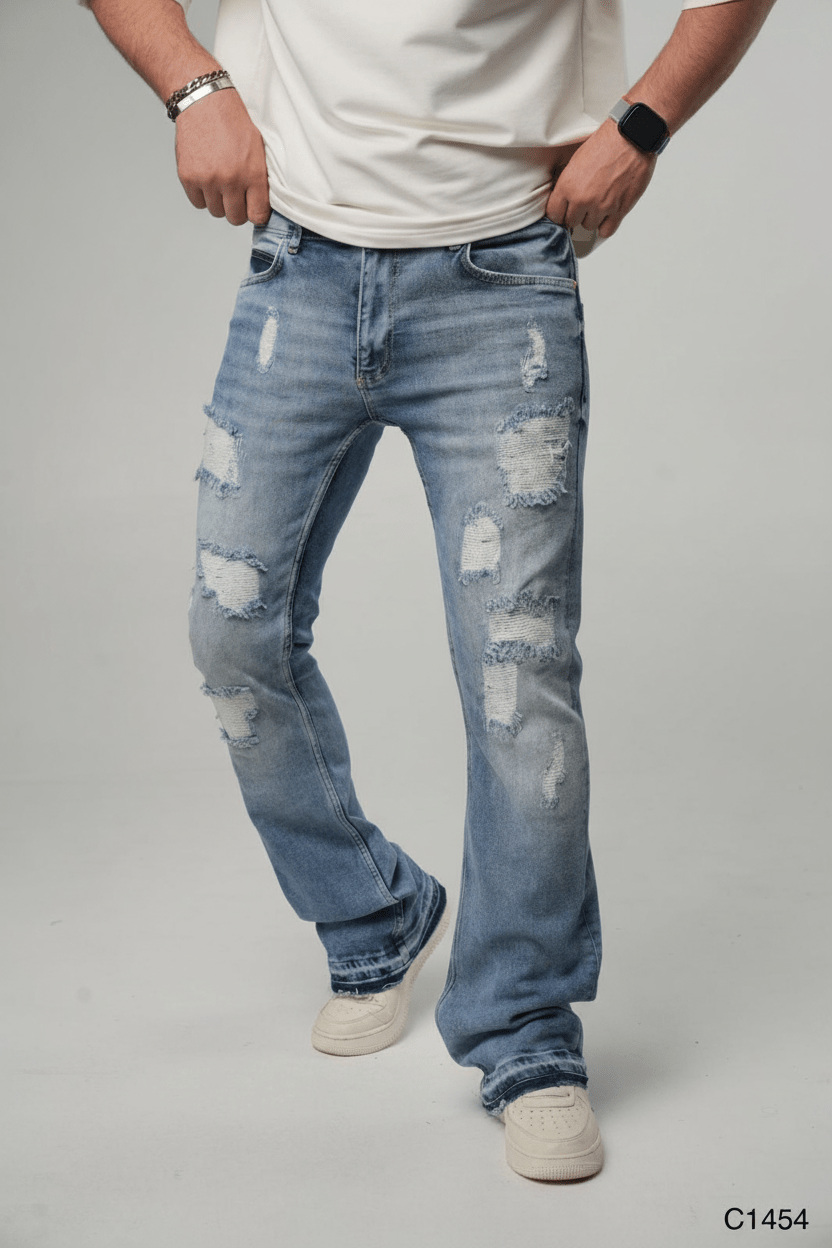 Jeans Évasé Bleu Clair Très Déchiré C1454 - ZG PREMIUM
