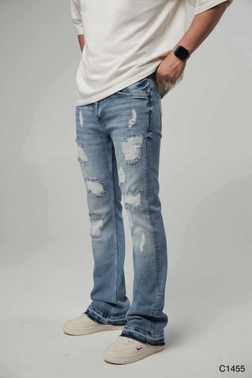 Jeans Évasé Bleu Clair Très Déchiré C1454 - ZG PREMIUM