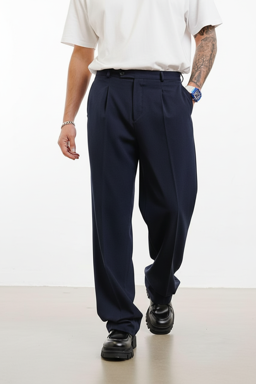 Pantalon Large bleu marine à Plis BGY1029