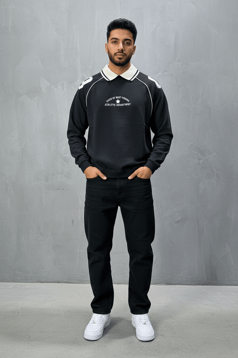 Sweat - Shirt Homme Noir Col Blanc "Athletic 09" - ZG PREMIUM