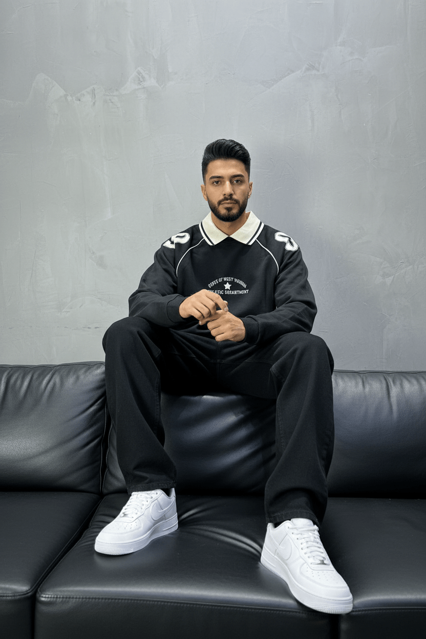 Sweat - Shirt Homme Noir Col Blanc "Athletic 09" - ZG PREMIUM