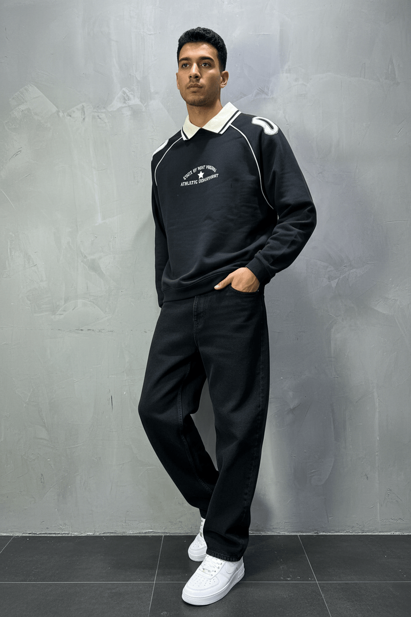 Sweat - Shirt Homme Noir Col Blanc "Athletic 09" - ZG PREMIUM