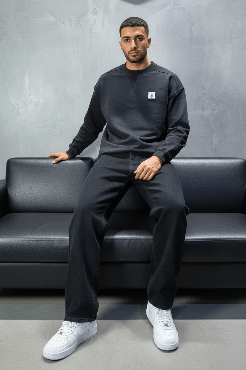 Sweat - Shirt Homme Noir Blason Royal Bleu - ZG PREMIUM