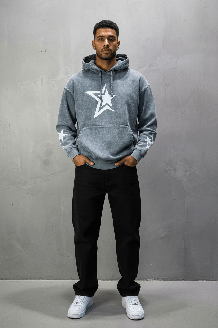 Sweat à Capuche Homme gris Effet Vintage avec Étoiles 25k70 - ZG PREMIUM