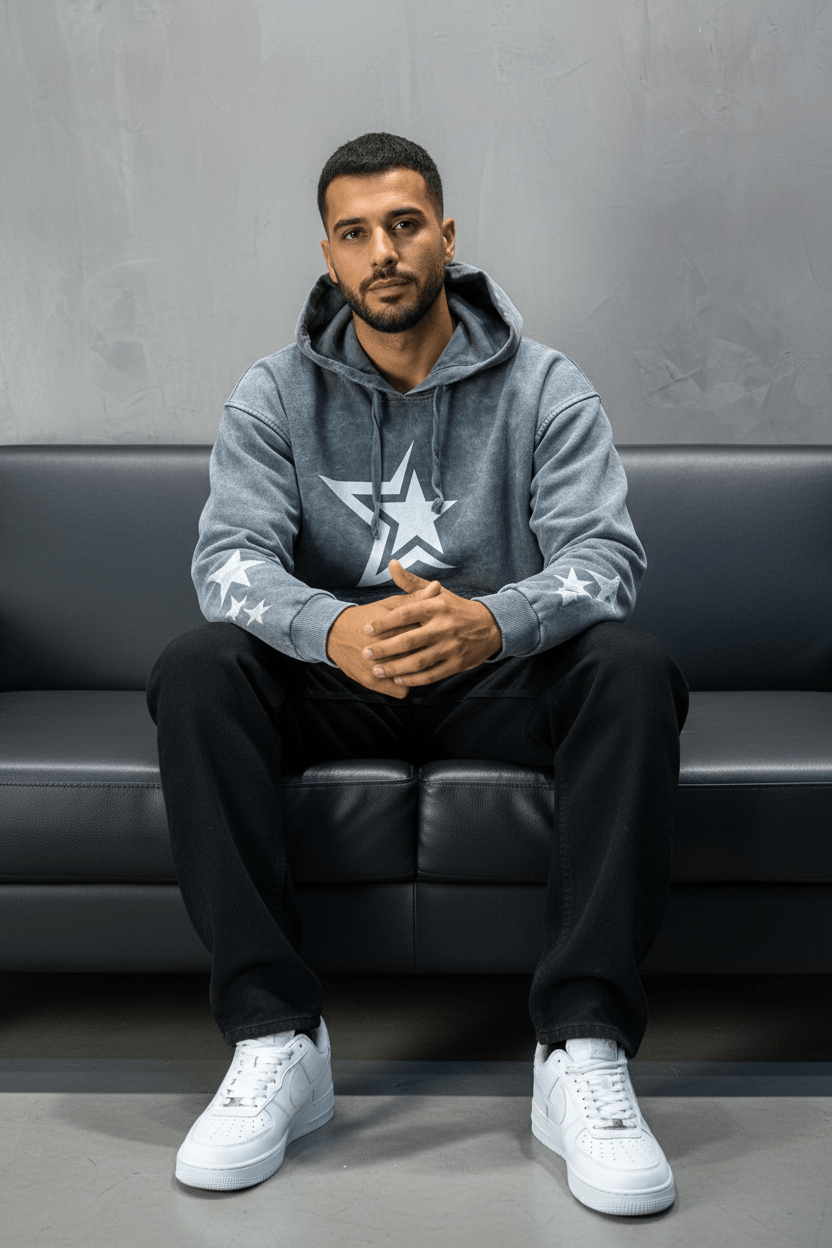 Sweat à Capuche Homme gris Effet Vintage avec Étoiles 25k70 - ZG PREMIUM