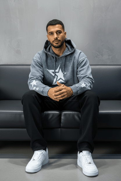 Sweat à Capuche Homme gris Effet Vintage avec Étoiles 25k70 - ZG PREMIUM