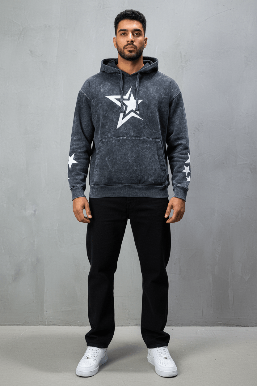 Sweat à Capuche Homme noir Effet Vintage avec Étoiles 25k70 - ZG PREMIUM