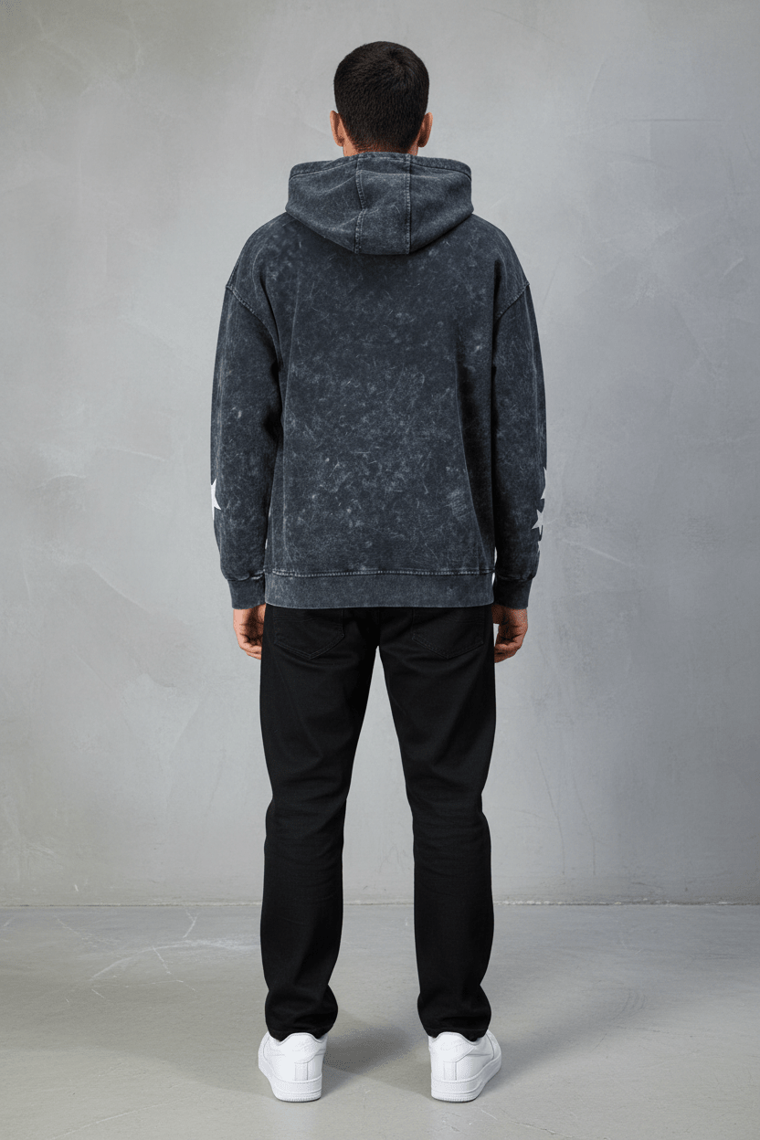 Sweat à Capuche Homme noir Effet Vintage avec Étoiles 25k70 - ZG PREMIUM