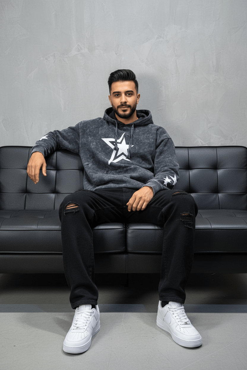 Sweat à Capuche Homme noir Effet Vintage avec Étoiles 25k70 - ZG PREMIUM