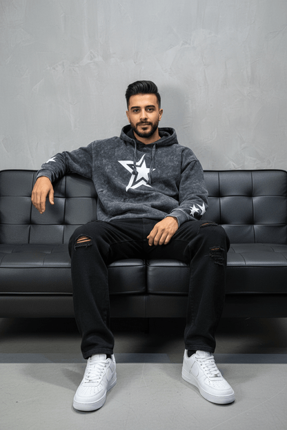 Sweat à Capuche Homme noir Effet Vintage avec Étoiles 25k70 - ZG PREMIUM