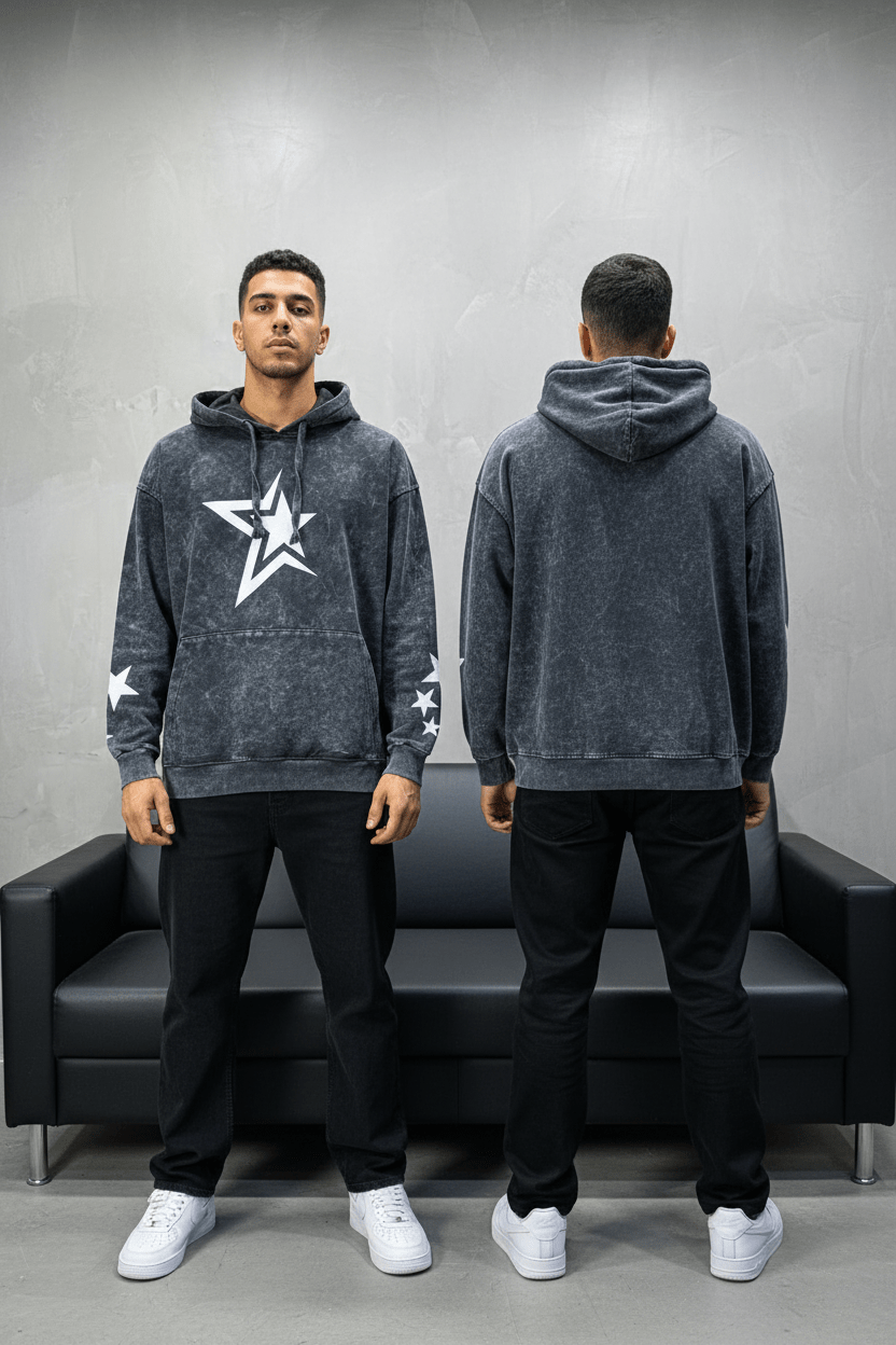 Sweat à Capuche Homme noir Effet Vintage avec Étoiles 25k70 - ZG PREMIUM