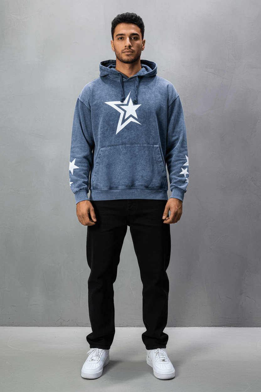 Sweat à Capuche Homme blue Effet Vintage avec Étoiles 25k70 - ZG PREMIUM