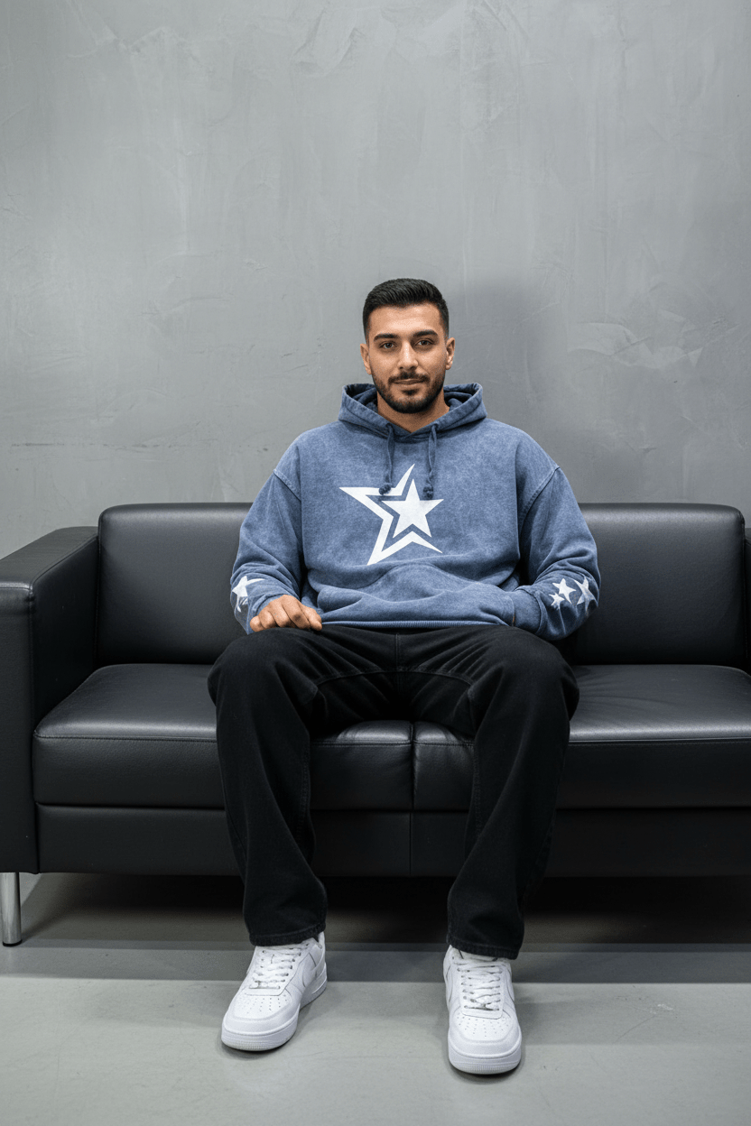 Sweat à Capuche Homme blue Effet Vintage avec Étoiles 25k70 - ZG PREMIUM