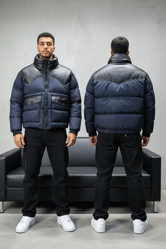 Doudoune Homme Bleu Marine Détails Cuir Noir 2509 - ZG PREMIUM