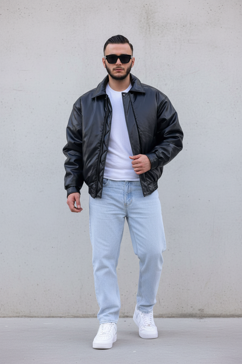 Blouson Bomber Homme Noir Oversize Effet Cuir 5090