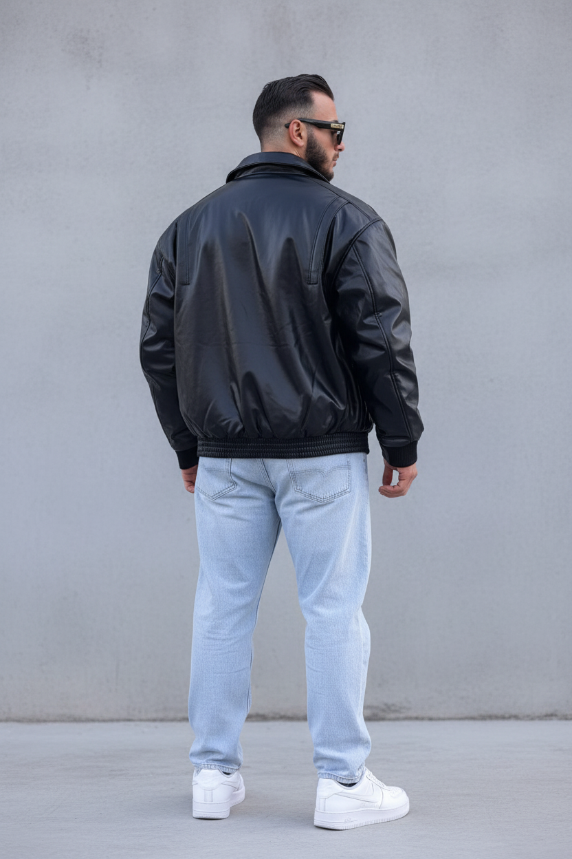 Blouson Bomber Homme Noir Oversize Effet Cuir 5090