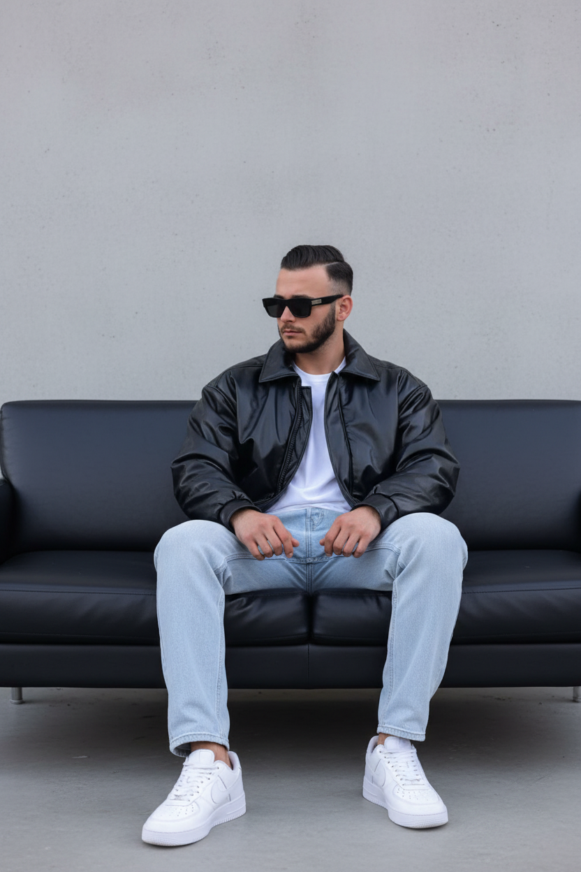 Blouson Bomber Homme Noir Oversize Effet Cuir 5090