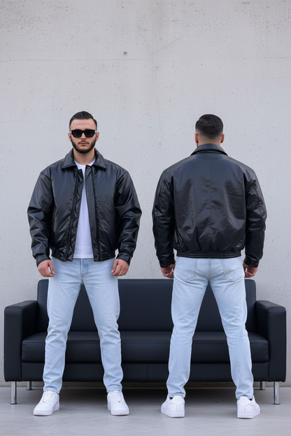 Blouson Bomber Homme Noir Oversize Effet Cuir 5090