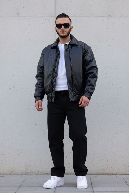 Blouson Bomber Homme Noir Oversize Effet Cuir 5090
