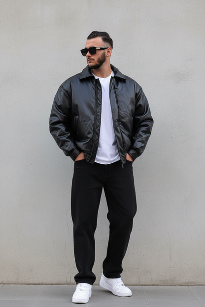 Blouson Bomber Homme Noir Oversize Effet Cuir 5090