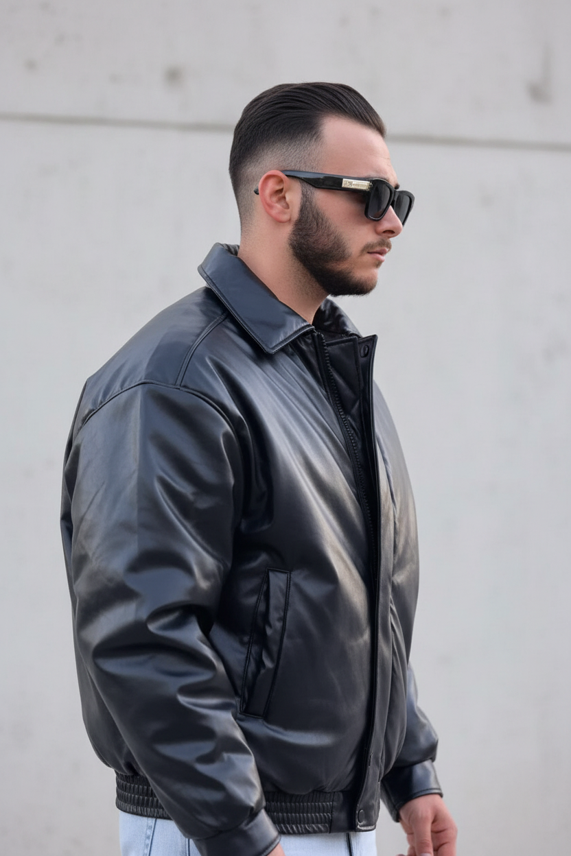 Blouson Bomber Homme Noir Oversize Effet Cuir 5090