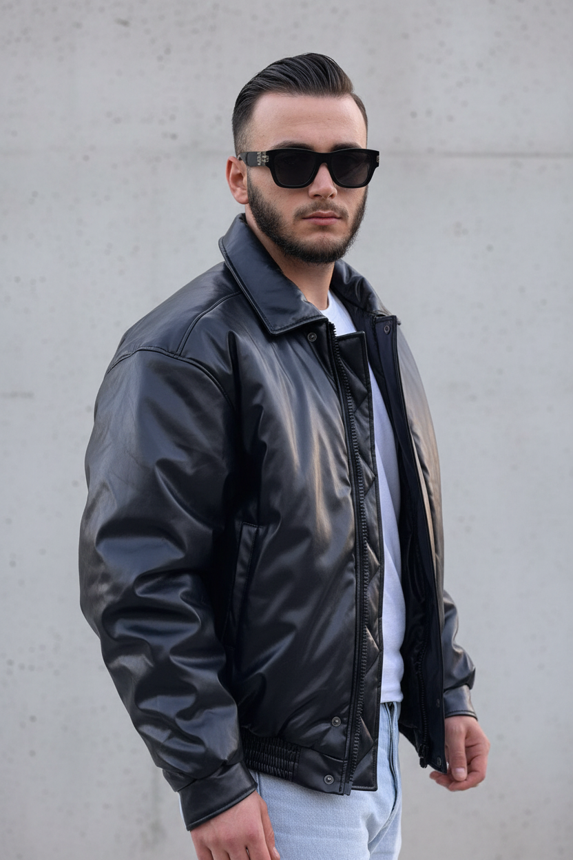 Blouson Bomber Homme Noir Oversize Effet Cuir 5090