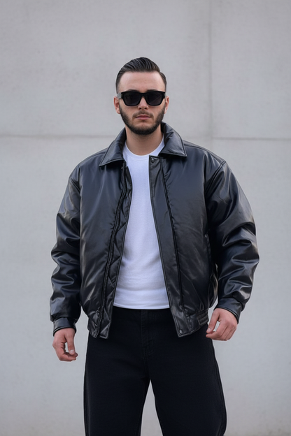 Blouson Bomber Homme Noir Oversize Effet Cuir 5090