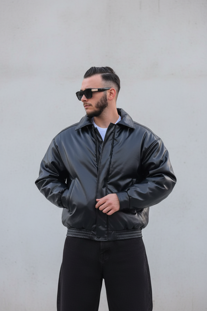 Blouson Bomber Homme Noir Oversize Effet Cuir 5090