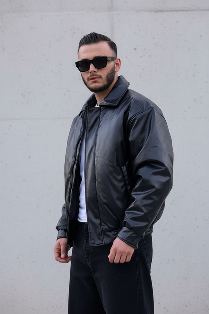 Blouson Bomber Homme Noir Oversize Effet Cuir 5090
