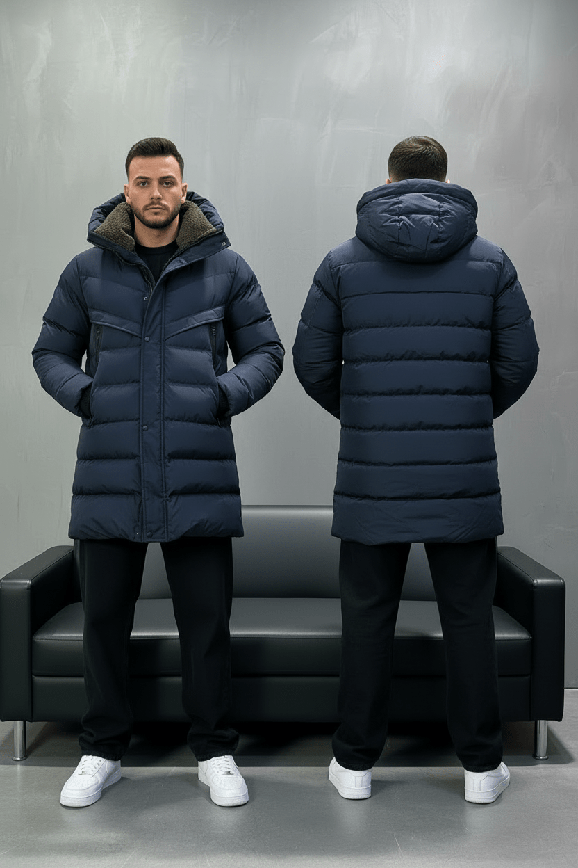 Doudoune Longue Bleu Marine avec Col Sherpa vert 1150 - ZG PREMIUM
