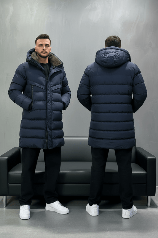 Doudoune Longue Bleu Marine avec Col Sherpa vert 1150 - ZG PREMIUM
