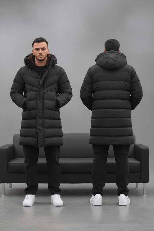 Doudoune Longue Noire avec Col Sherpa Marron 1150 - ZG PREMIUM