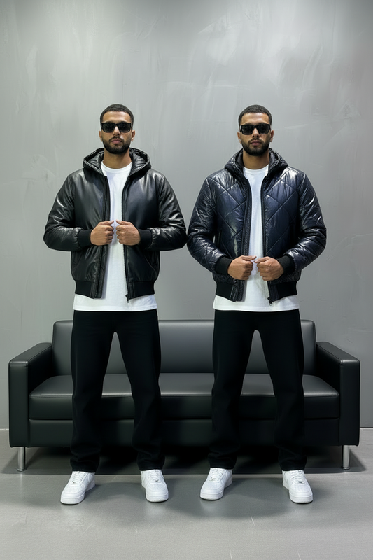 Bomber Réversible Double Face Cuir Noir et Bleu Marine 3400