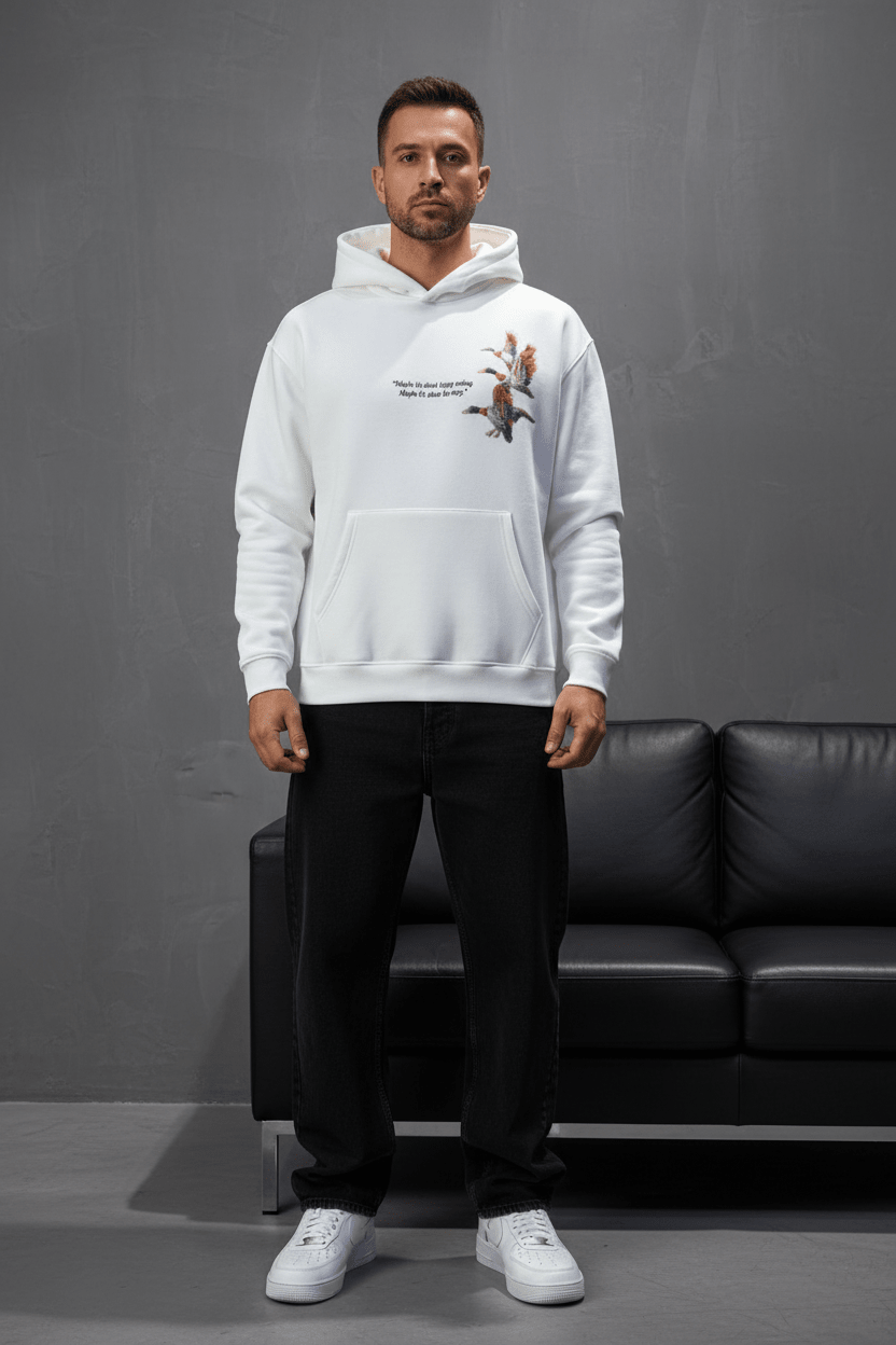 Hoodie Blanc Broderie Oiseaux Oversize 4996 - ZG PREMIUM