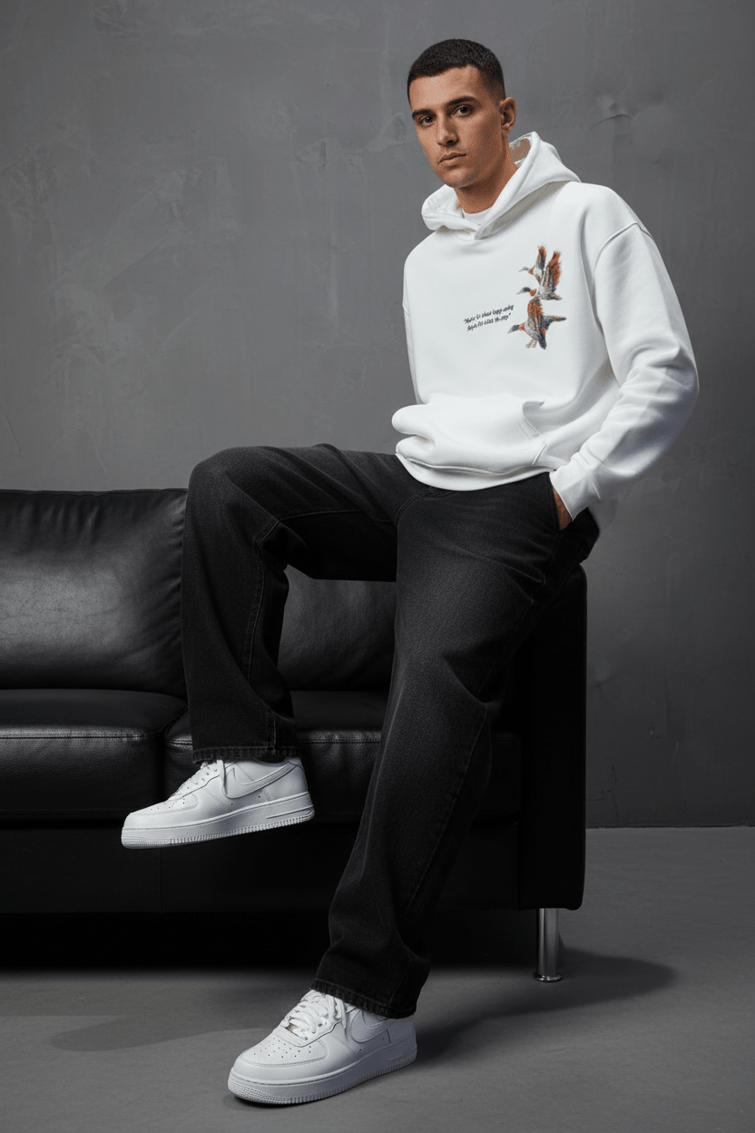 Hoodie Blanc Broderie Oiseaux Oversize 4996 - ZG PREMIUM
