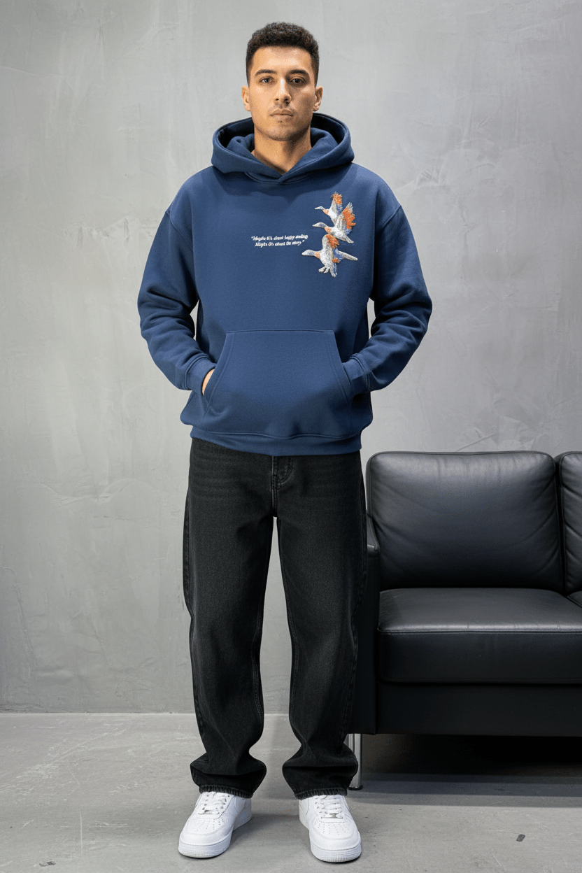 Hoodie Bleu Broderie Oiseaux Oversize 4996 - ZG PREMIUM