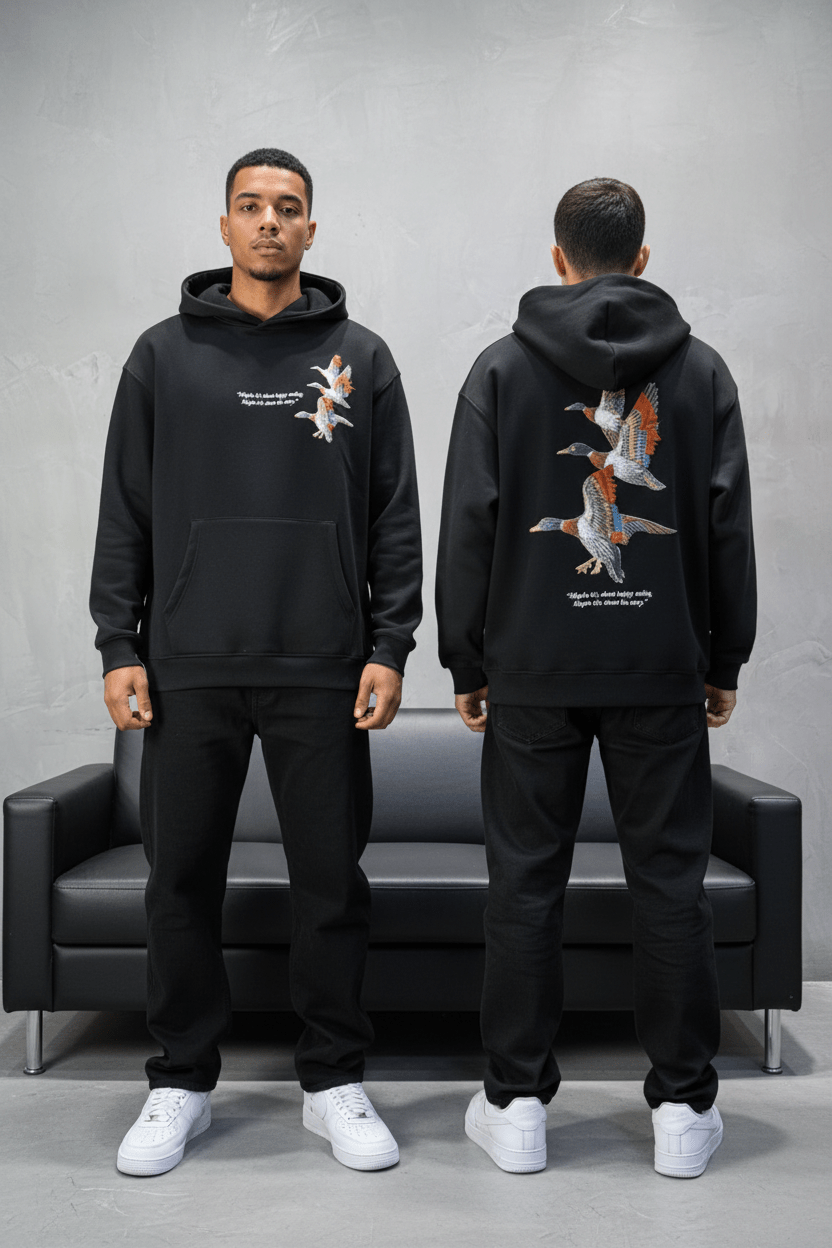 Hoodie Black Broderie Oiseaux Oversize 4996 - ZG PREMIUM