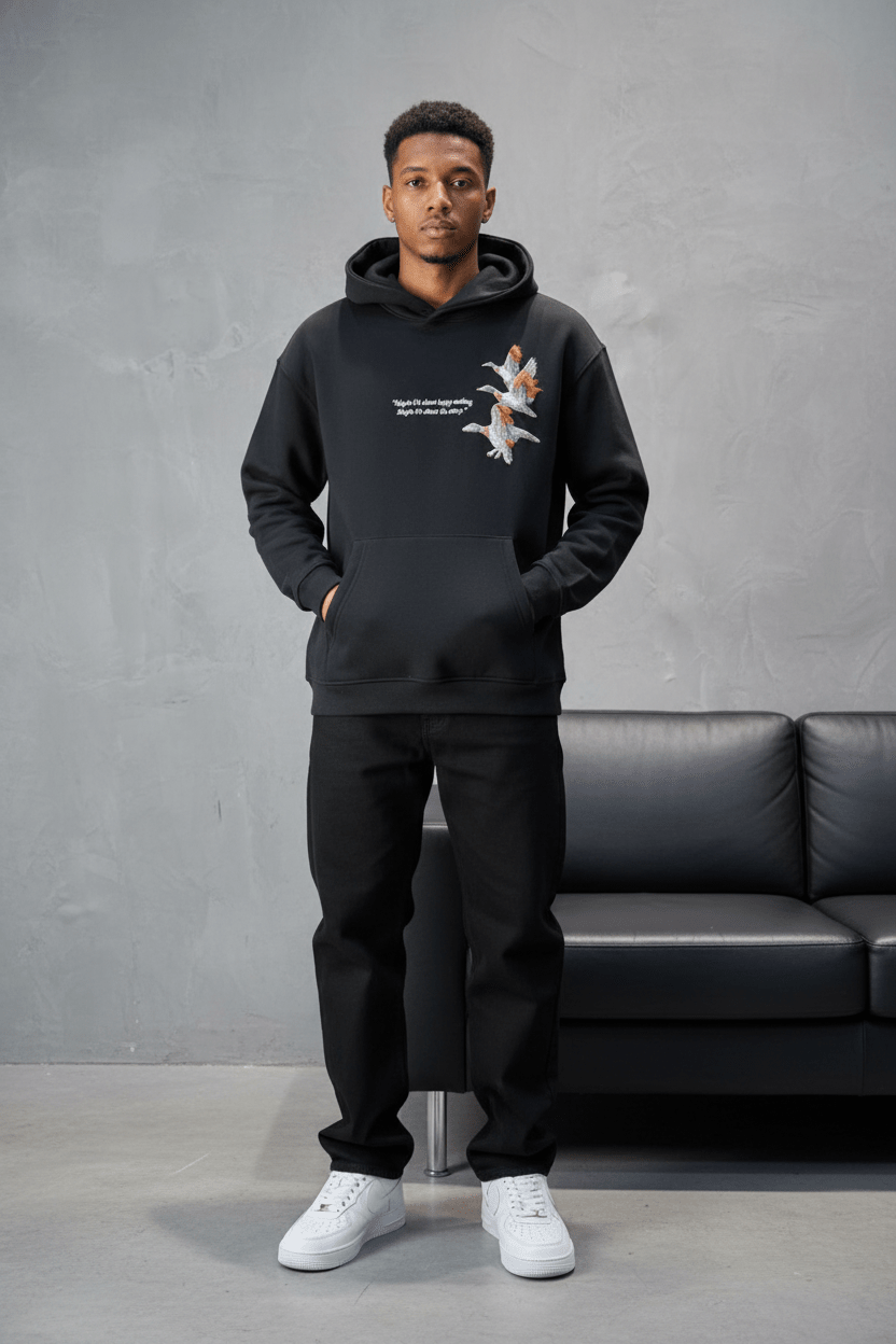 Hoodie Black Broderie Oiseaux Oversize 4996 - ZG PREMIUM