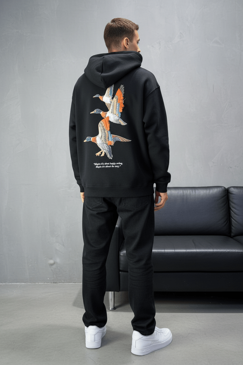 Hoodie Black Broderie Oiseaux Oversize 4996 - ZG PREMIUM