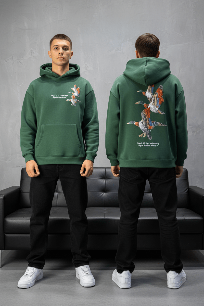 Hoodie vert Broderie Oiseaux Oversize 4996 - ZG PREMIUM