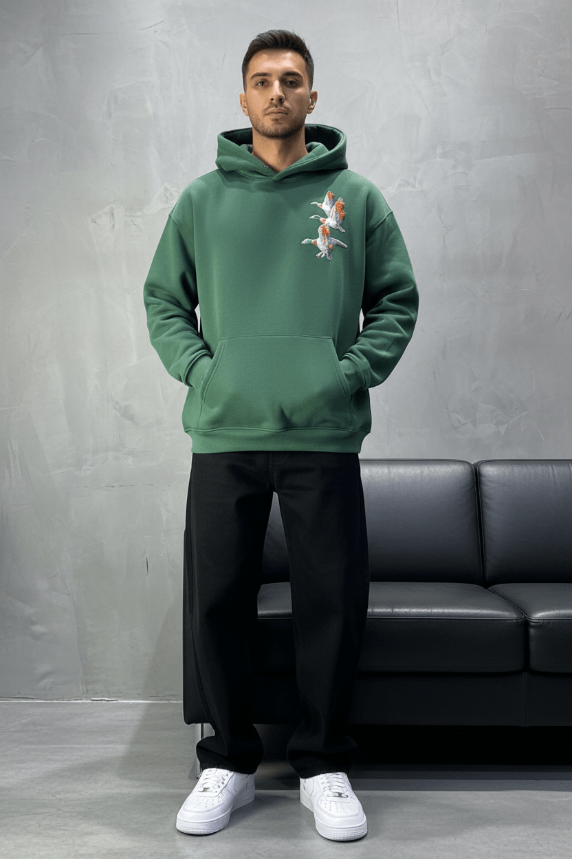 Hoodie vert Broderie Oiseaux Oversize 4996 - ZG PREMIUM