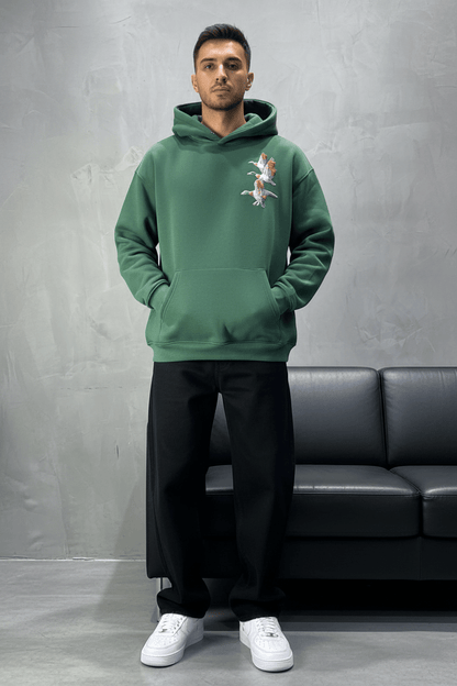 Hoodie vert Broderie Oiseaux Oversize 4996 - ZG PREMIUM