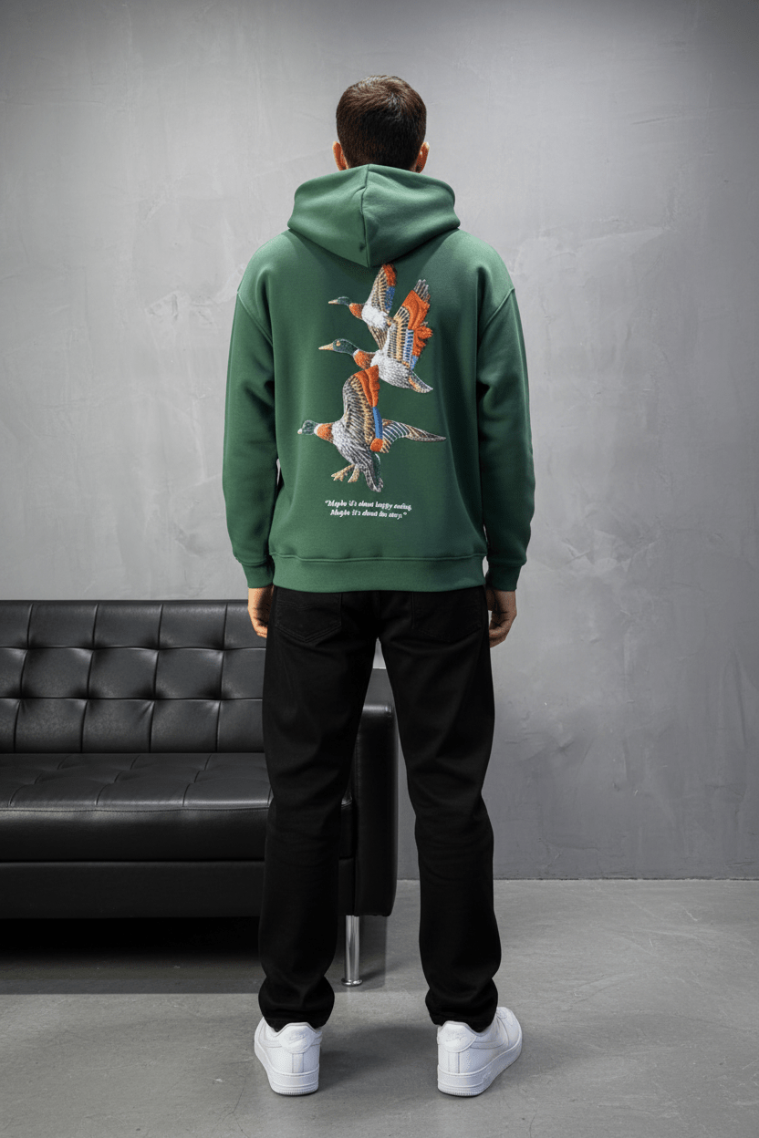 Hoodie vert Broderie Oiseaux Oversize 4996 - ZG PREMIUM