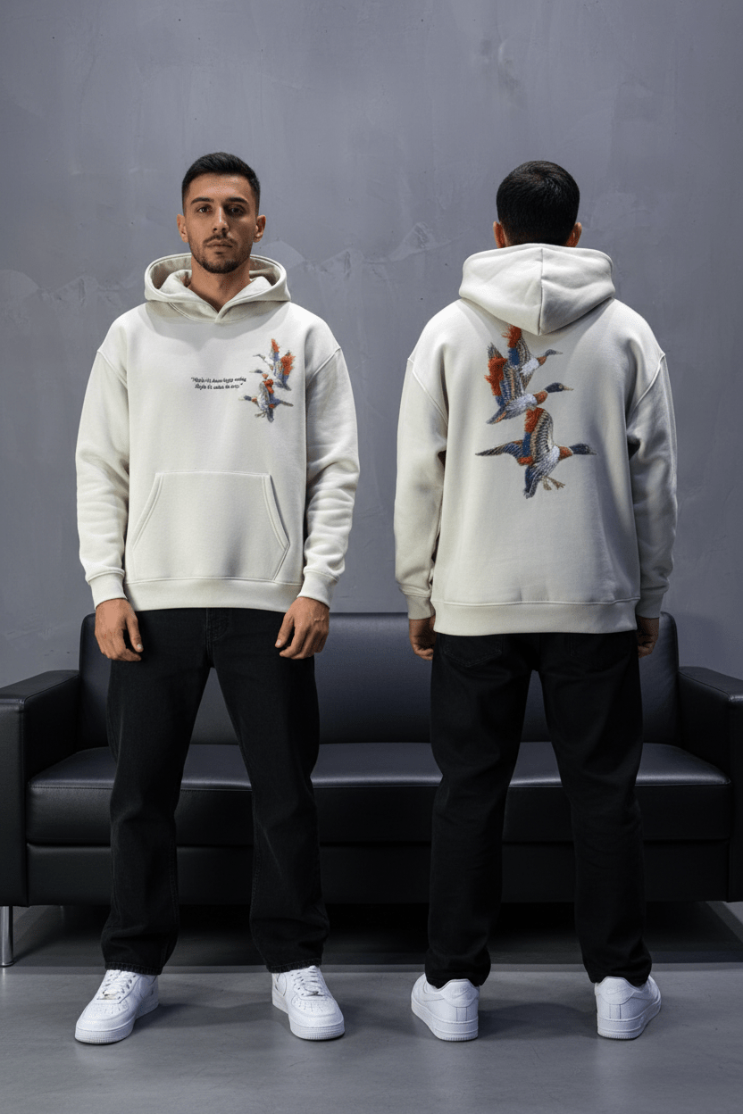 Hoodie beige Broderie Oiseaux Oversize 4996 - ZG PREMIUM