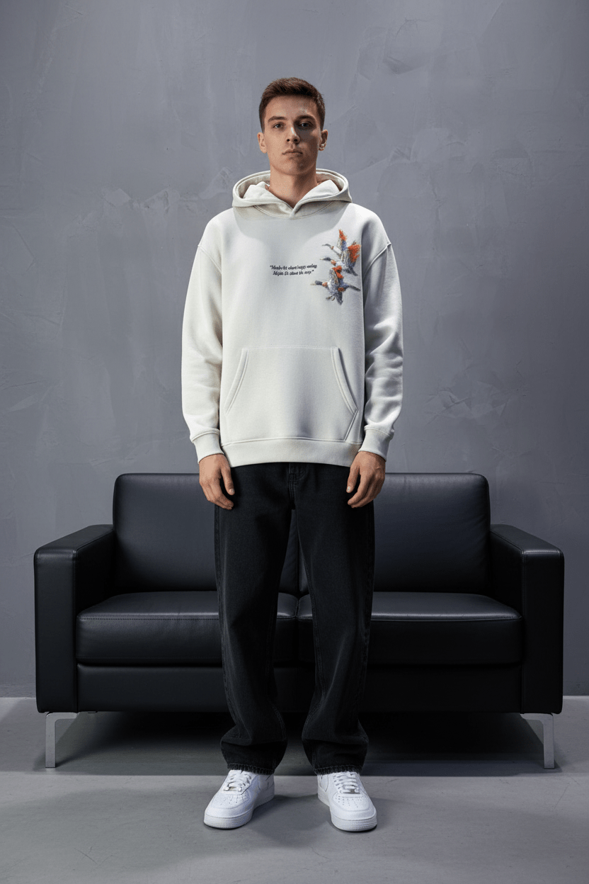 Hoodie beige Broderie Oiseaux Oversize 4996 - ZG PREMIUM