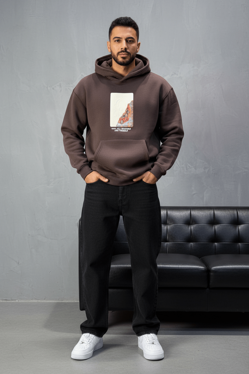Hoodie Marron Imprimé Visage Artistique 4959 - ZG PREMIUM